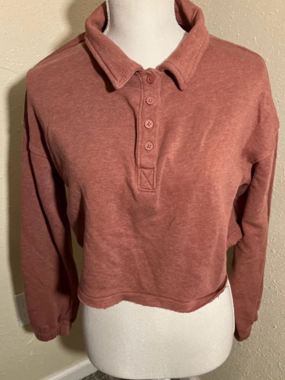 SO Rusty Rose Button-Up Collar Cropped Sweatshirt Size XS